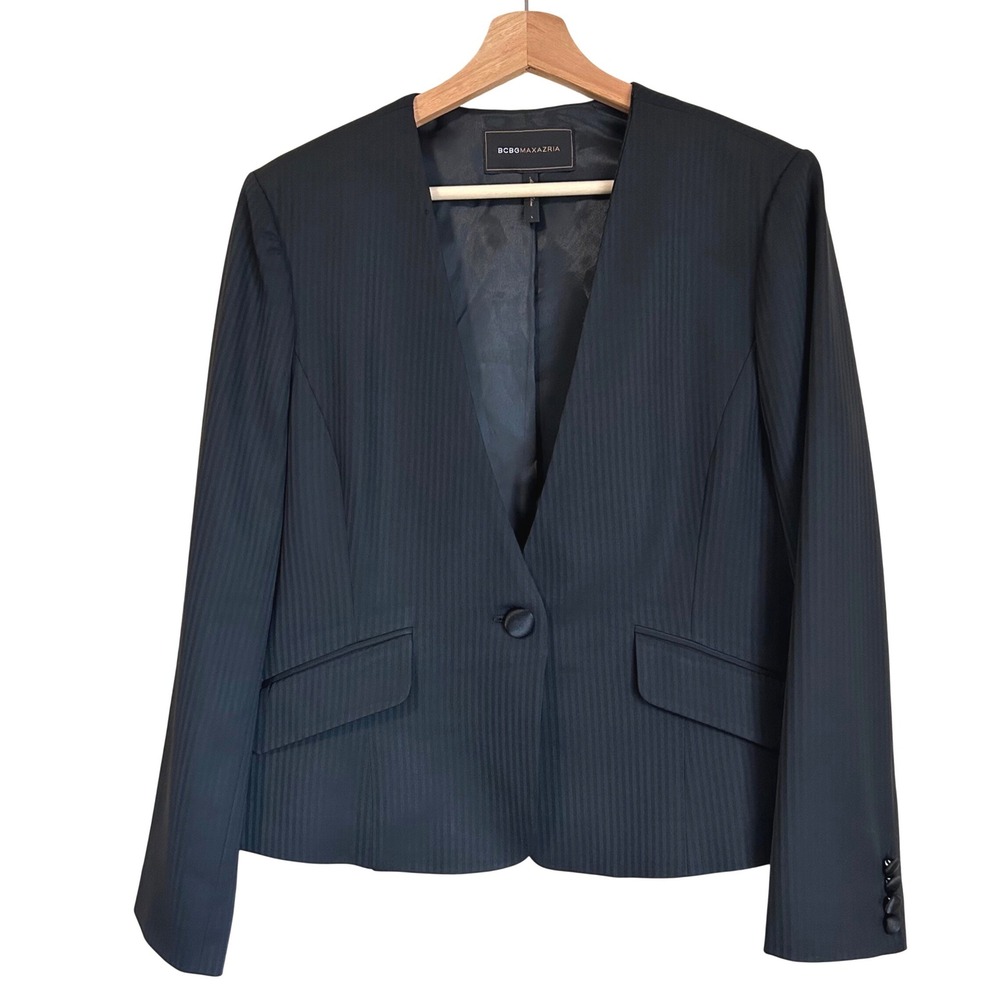 BCBGMAXAZRIA Blazer Size L Black Pinstripe Collarless Wool Jacket Y2K Minimalist